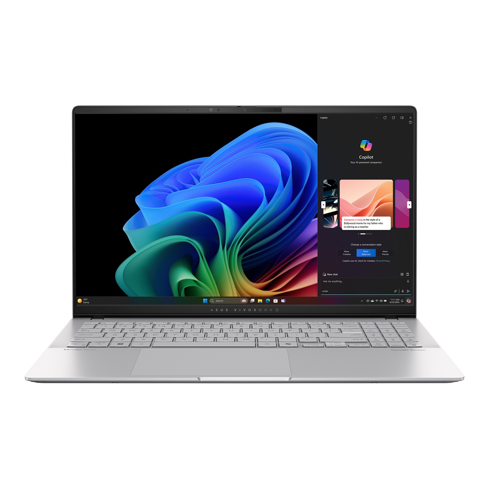 Asus Vivobook S S5507QA-MA112W | Cool Silver | 15.6 " | OLED | 3K | 2880 x 1620 pixels | Glossy | Snapdragon X Elite | X1E 78 100 | 32 GB | LPDDR5X | Solid-state drive capacity 1000 GB | Qualcomm Adreno GPU | Windows 11 Home | 802.11be | Bluetooth version 5.4 | Keyboard language English | Keyboard backlit | Warranty 24 month(s)