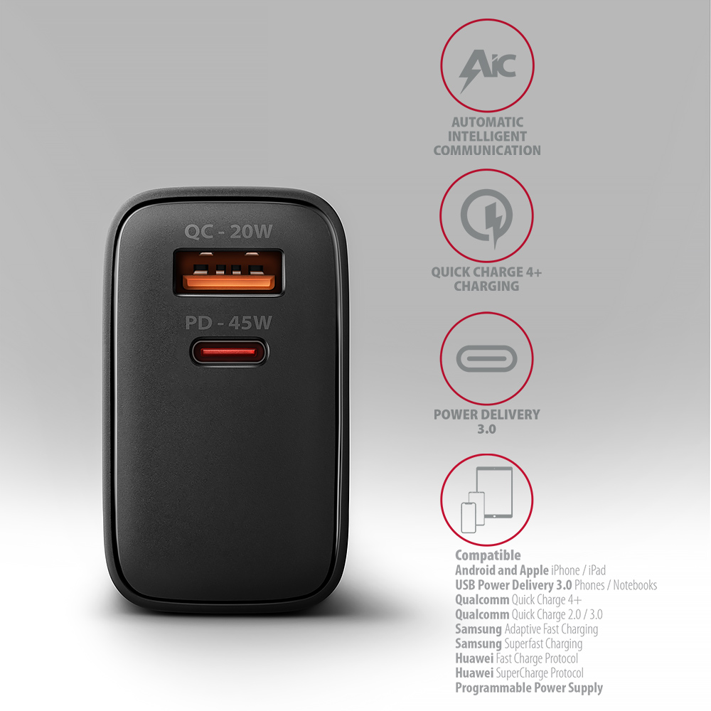 AXAGON GaN wallcharger 2x port (USB-A + USB-C), PD3.0/PPS/QC4+/SFC2.0/AFC/SCP/FCP/Apple, 45W | ACU-PQ45 - Image 5
