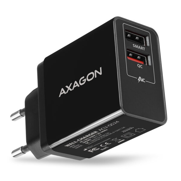 AXAGON Dual wallcharger 240V/2x USB port QC3.0/AFC/FCP and 5V-1.2A, 24W | ACU-QS24