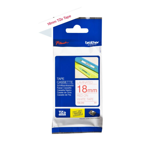 Brother | TZe-242 Laminated Tape | Red on White | TZ | 8 m | 1.8 cm