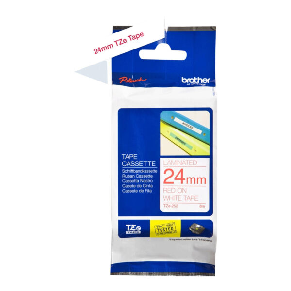 Brother | TZe-252 Laminated Tape | Red on White | TZe | 8 m | 2.4 cm