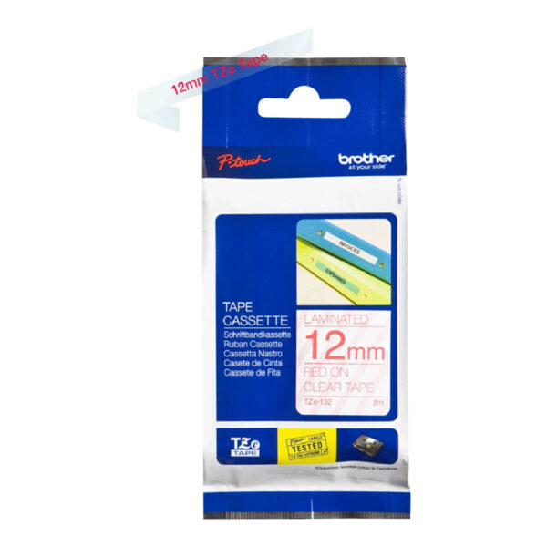 Brother | TZe-132 Laminated Tape | Red on Clear | TZe | 8 m | 1.2 cm