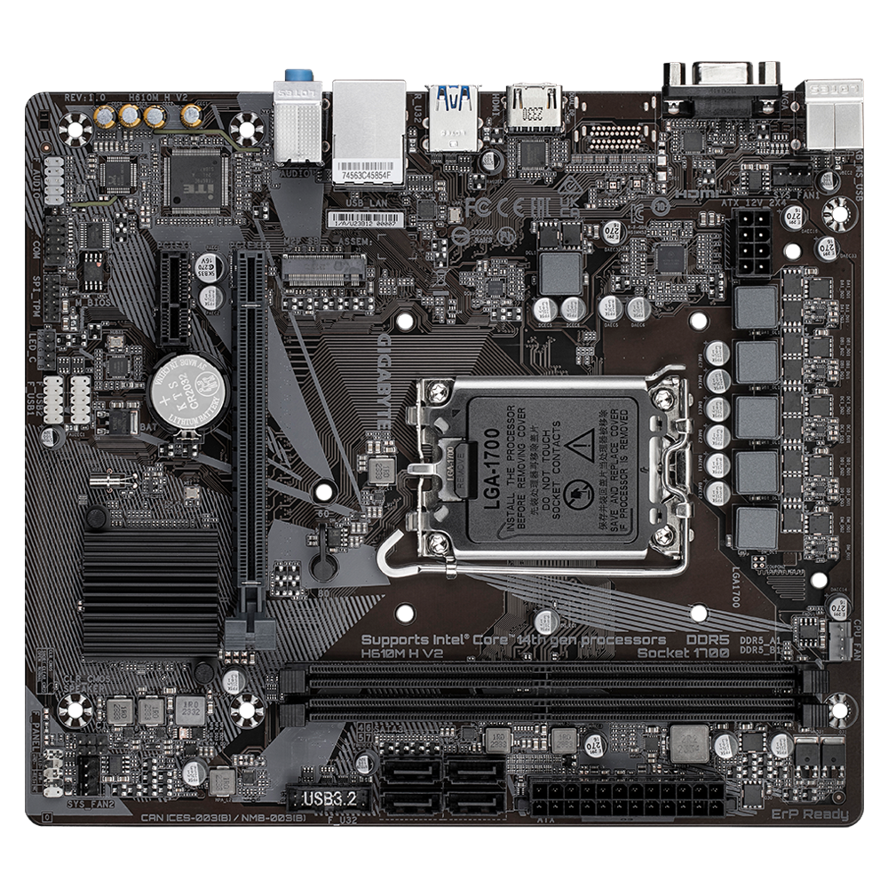 Gigabyte | H610M H V2 G1.0 | Processor family Intel | Processor socket LGA1700 | DDR5 | Supported hard disk drive interfaces M.2, SATA | Number of SATA connectors 4 - Image 5