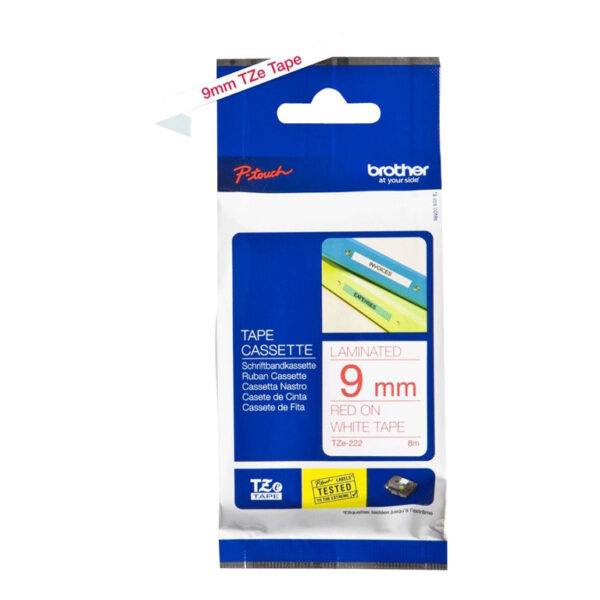 Brother | TZe-222 Laminated Tape | Red on White | TZe | 8 m | 9 cm