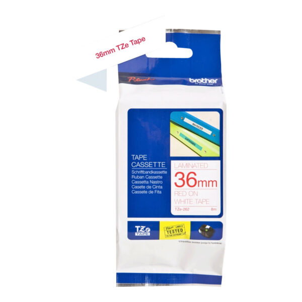 Brother | TZe-262 Laminated Tape | Red on White | TZe | 8 m | 3.6 cm