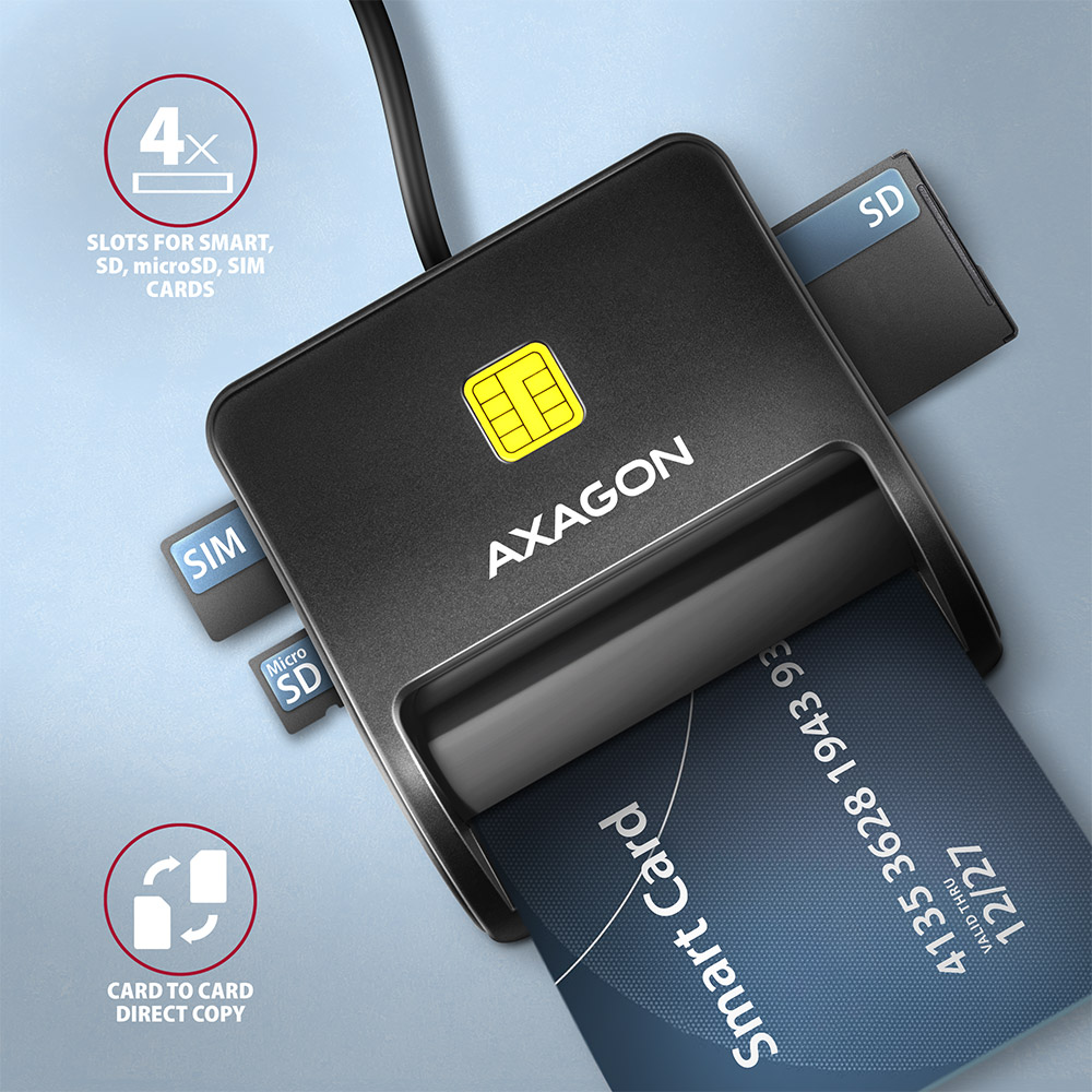 AXAGON Compact desktop USB contact Smart/ID & SD/microSD/SIM card reader with long, USB-A cable | CRE-SM3SD - Image 4