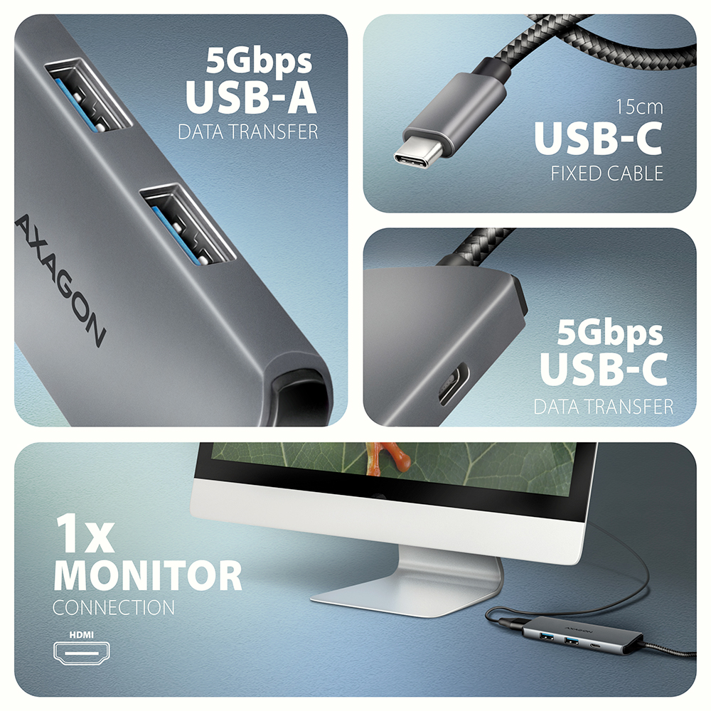 AXAGON USB 5Gbps hub, 3x USB-A, HDMI 4k/30Hz, PD 100W, 100cm USB-C cable | HMC-5H - Image 4