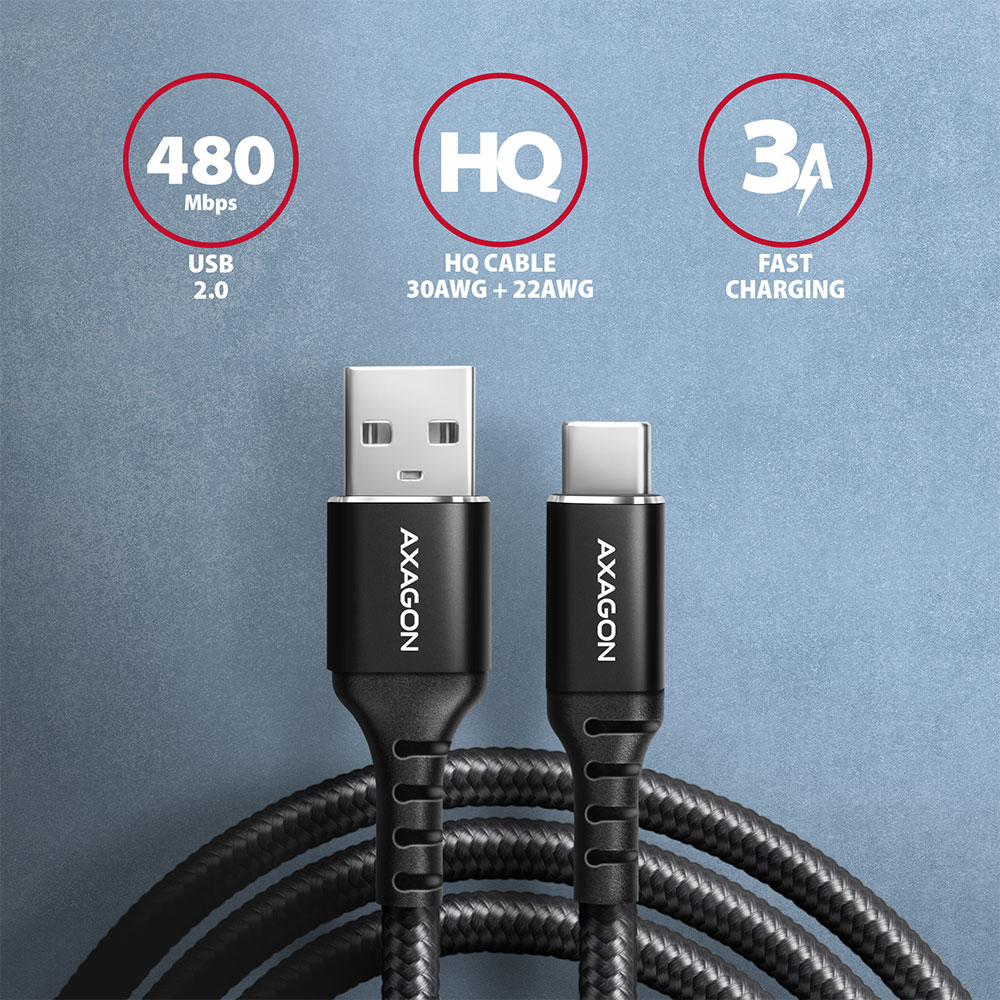 AXAGON Data and charging cable, 2 m | BUCM-AM20AB | USB Type-C to USB Type-A - Image 3
