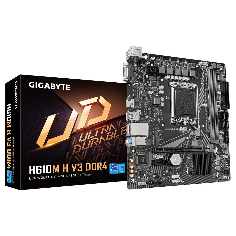 Gigabyte | H610M H V3 DDR4 | Processor family Intel | Processor socket LGA1700 | DDR4 DIMM | Supported hard disk drive interfaces M.2, SATA | Number of SATA connectors 4