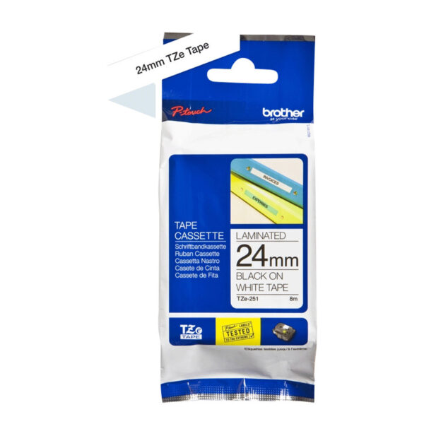 Brother | TZ-251 Laminated Tape | Black on White | TZe | 8 m | 2.4 cm