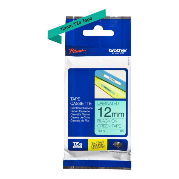 Brother | TZe-731 Laminated Tape | Black on Green | TZe | 8 m | 1.2 cm