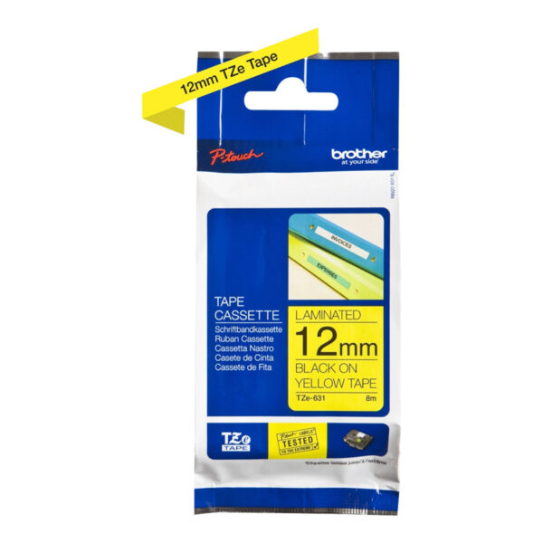 Brother | TZe-631 Laminated Tape | Black on Yellow | TZe | 8 m | 1.2 cm