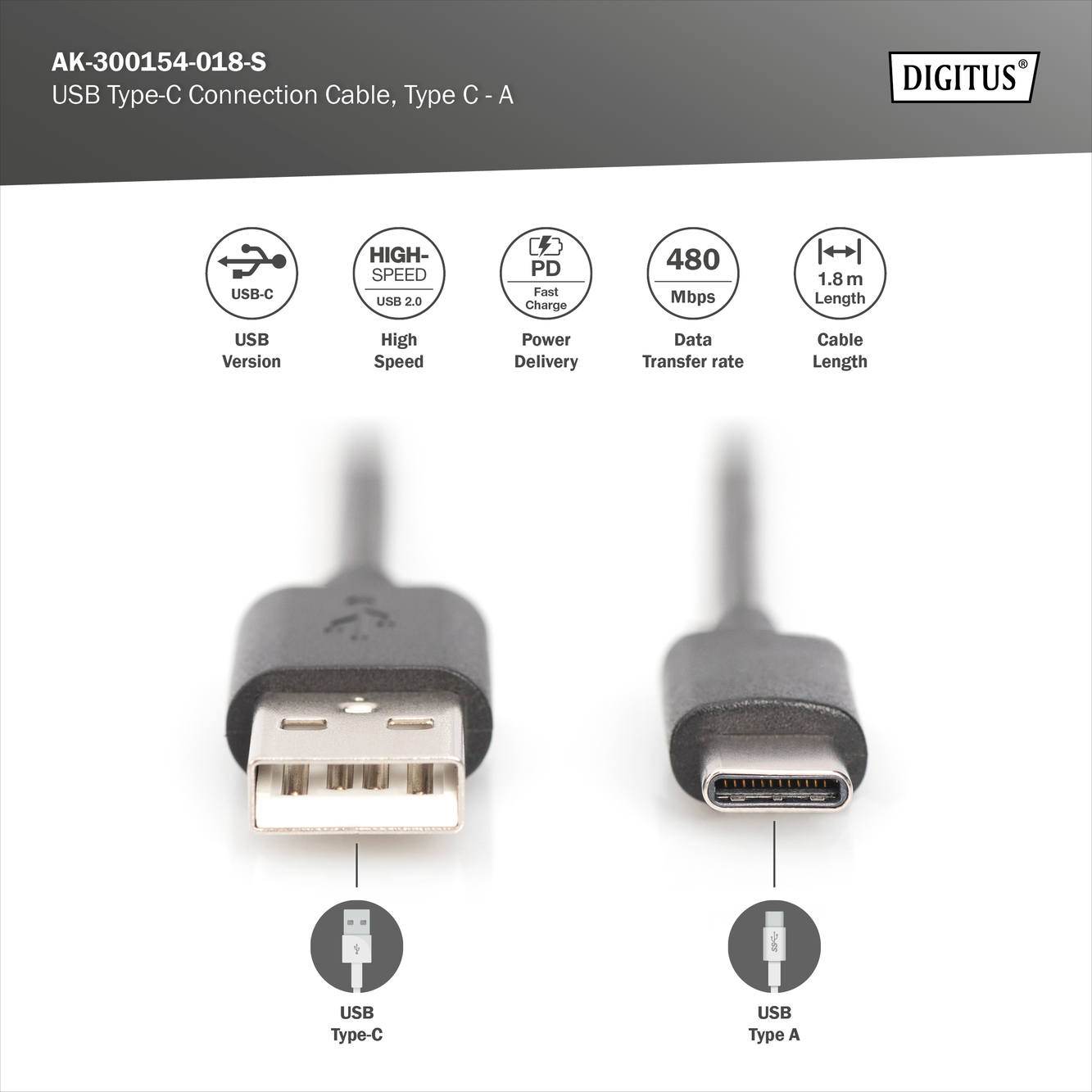 Digitus USB Type-C connection cable, Type USB-A to USB-C | AK-300154-018-S - Image 6