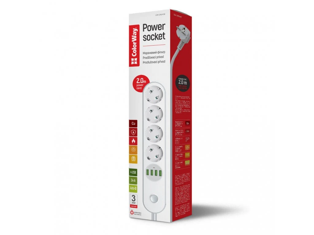 ColorWay | CW-CHE44W | Power socket, 4 EU sockets - Image 2