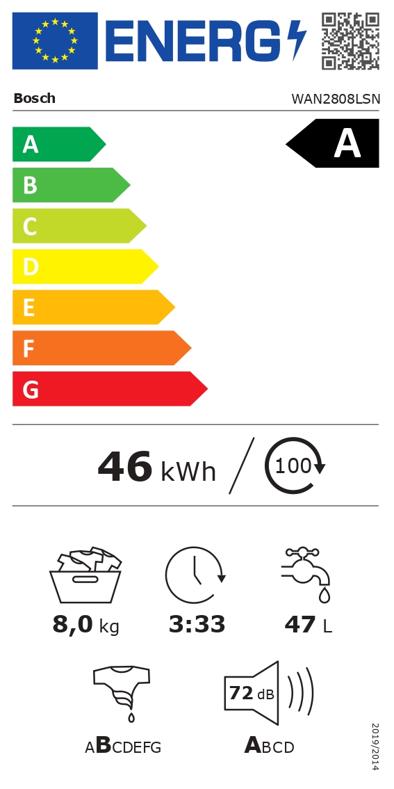 Bosch | Washing machine | WAN2808LSN | Energy efficiency class A | Front loading | Washing capacity 8 kg | 1400 RPM | Depth 63 cm | Width 60 cm | Display | LED | Steam function | White - Image 9