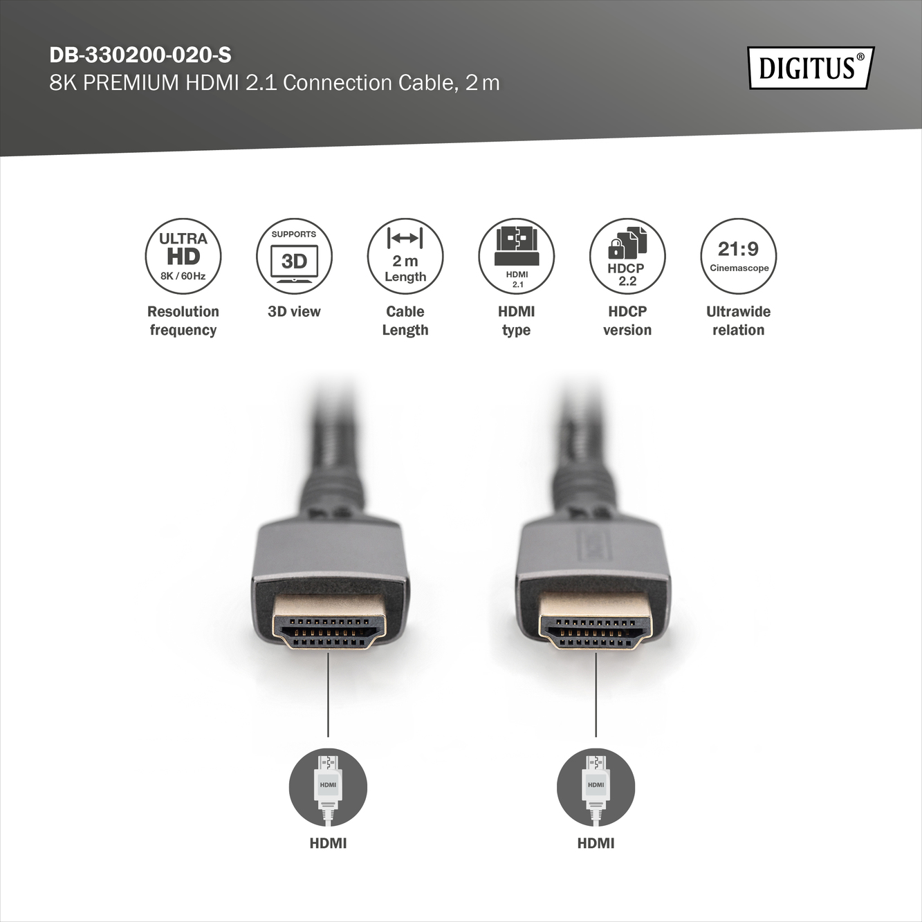 Digitus 8K HDMI Ultra High Speed Connection Cable | DB-330200-020-S | 2 m - Image 3