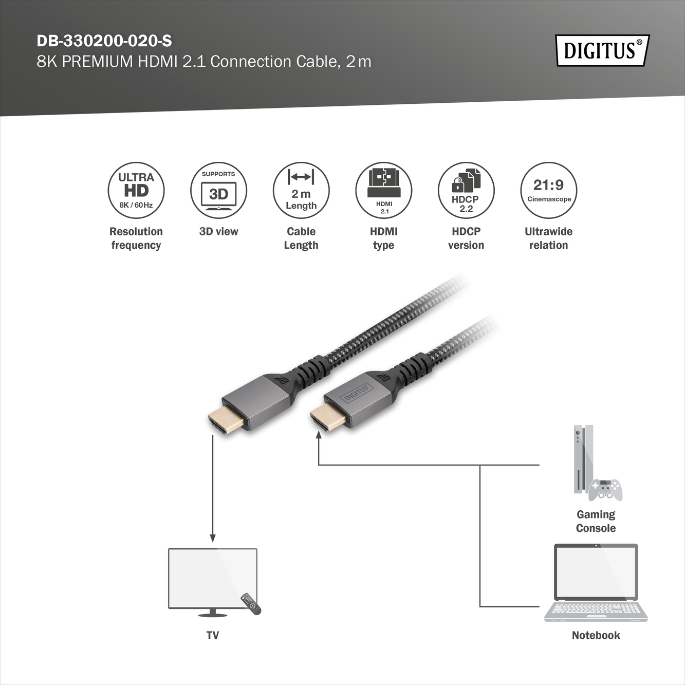 Digitus 8K HDMI Ultra High Speed Connection Cable | DB-330200-020-S | 2 m - Image 4