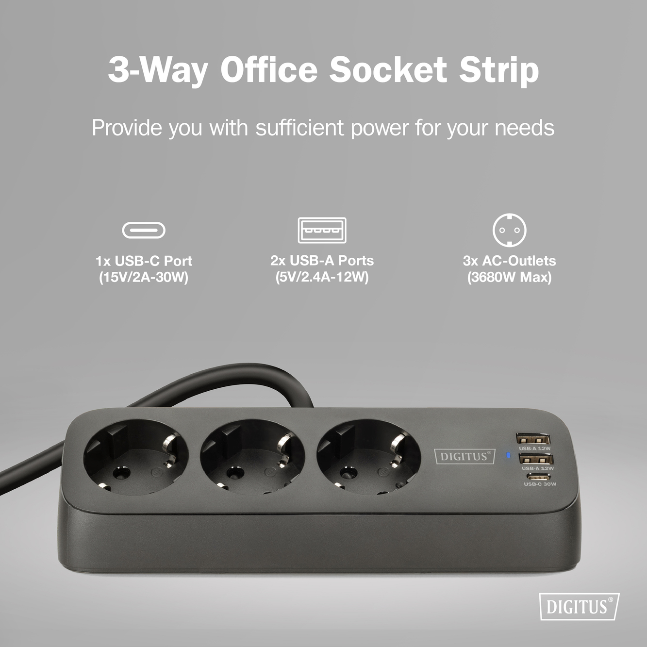 Digitus 3-way office socket strip with 2x USB-A and 1x USB-C connections | DA-70625 - Image 9