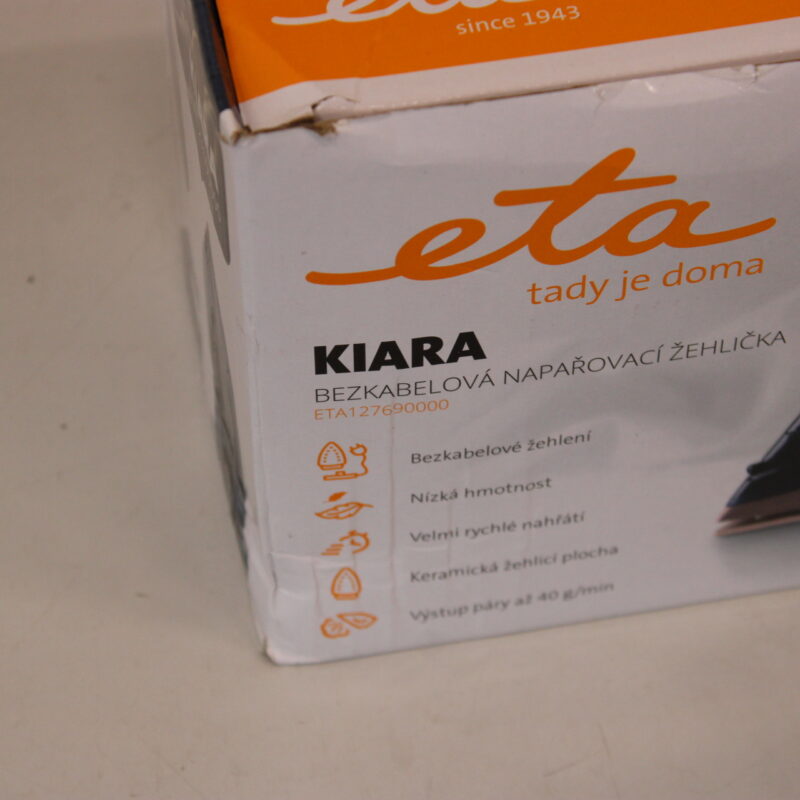 SALE OUT. ETA ETA127690000 Kiara Iron, Ceramic, 2200 W, Water tank 220 ml, Black | ETA | Iron | Kiara ETA127690000 | Cordless Steam Iron | 2200 W | Water tank capacity 220 ml | Continuous steam 40 g/min | Steam boost performance 90 g/min | Black | DAMAGED PACKAGING, BROKEN WATER CUP, SCRATCHED, SCRATCHED PAINT FROM FRONT OF IRON - Image 2