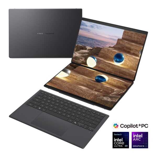 ASUS Zenbook Duo UX8407AA-SN066W | Asus | Zenbook Duo UX8407AA-SN066W | Moher Gray | 14 " | OLED | Touchscreen | 3K | 2880 x 1800 pixels | 144 Hz | Glossy | Intel Core Ultra 9 | 388H | 32 GB | LPDDR5X | Solid-state drive capacity 2000 GB | Intel Arc Graphics | Windows 11 Home | 802.11be | Bluetooth version 5.4 | Keyboard language US international | Keyboard backlit | Warranty 24 month(s) | Battery warranty 12 month(s)