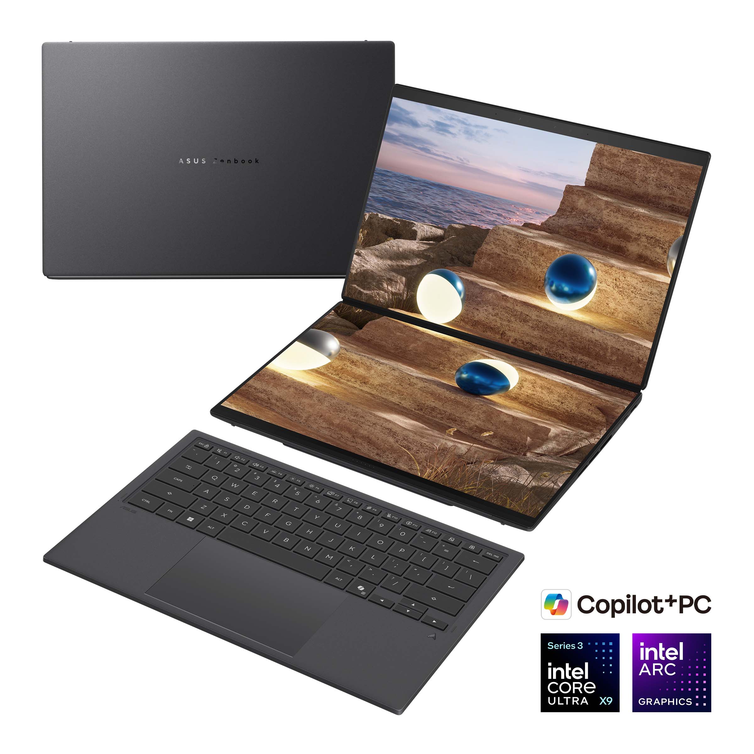 ASUS Zenbook Duo UX8407AA-SN094X | Asus Zenbook Duo UX8407AA-SN094X | Moher Gray | 14 " | OLED | Touchscreen | 3K | 2880 x 1800 pixels | 144 Hz | Glossy | Intel Core Ultra 9 | 388H | 32 GB | LPDDR5X | Solid-state drive capacity 2000 GB | Intel Arc Graphics | Windows 11 Pro | 802.11be | Bluetooth version 5.4 | Keyboard language US international | Keyboard backlit | Warranty 24 month(s) | Battery warranty 12 month(s)