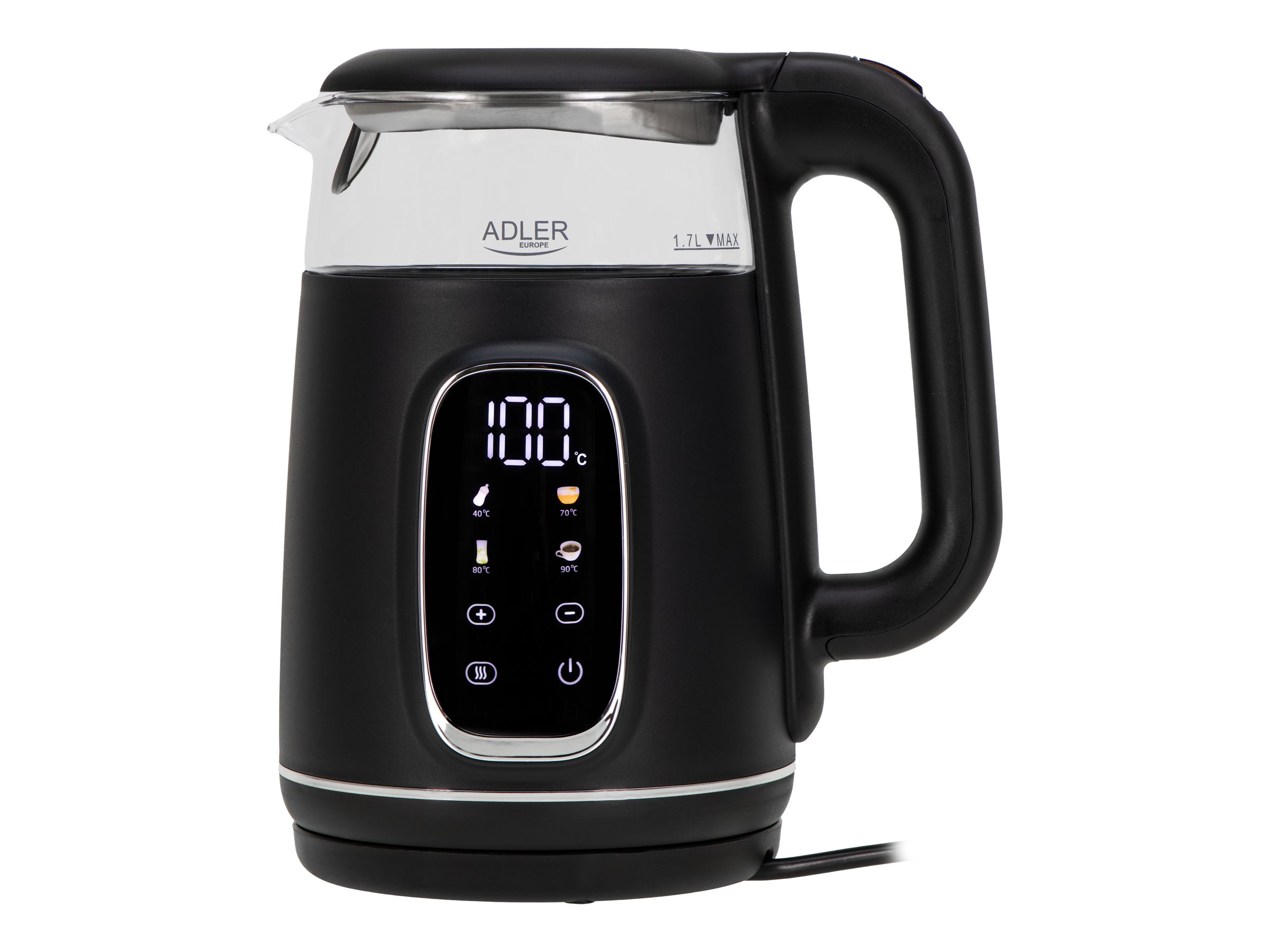 Adler Kettle with LED Display | AD 1305 | Electric | 2200 W | 1.7 L | Plastic | 360° rotational base | Black/Silver - Image 2