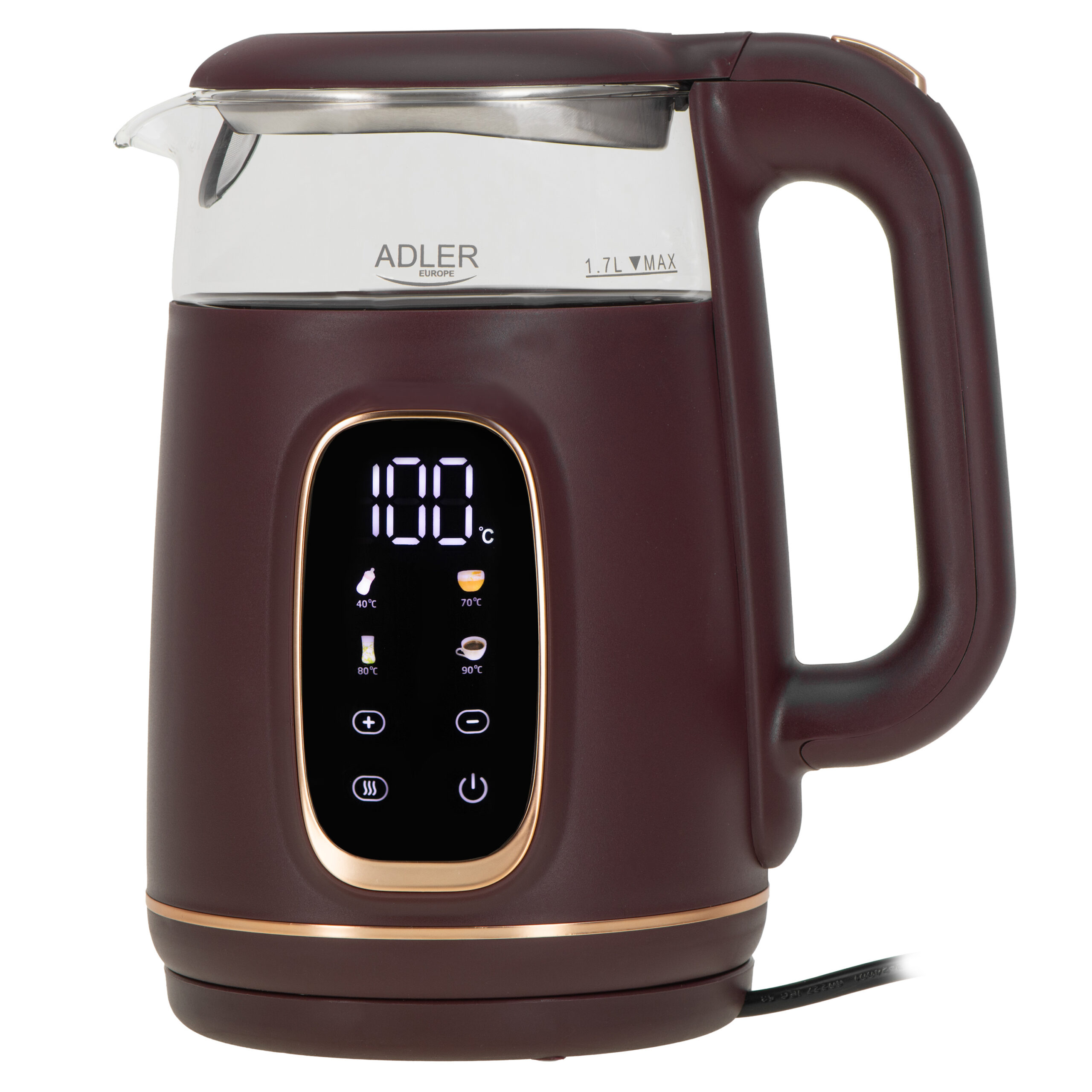 Adler Kettle with LED Display | AD 1305 | Electric | 2200 W | 1.7 L | Plastic | 360° rotational base | Burgundy