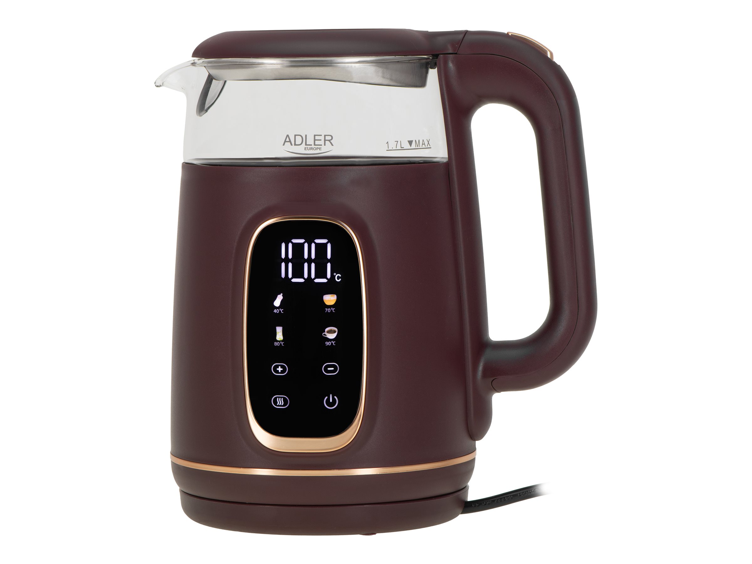 Adler Kettle with LED Display | AD 1305 | Electric | 2200 W | 1.7 L | Plastic | 360° rotational base | Burgundy - Image 2