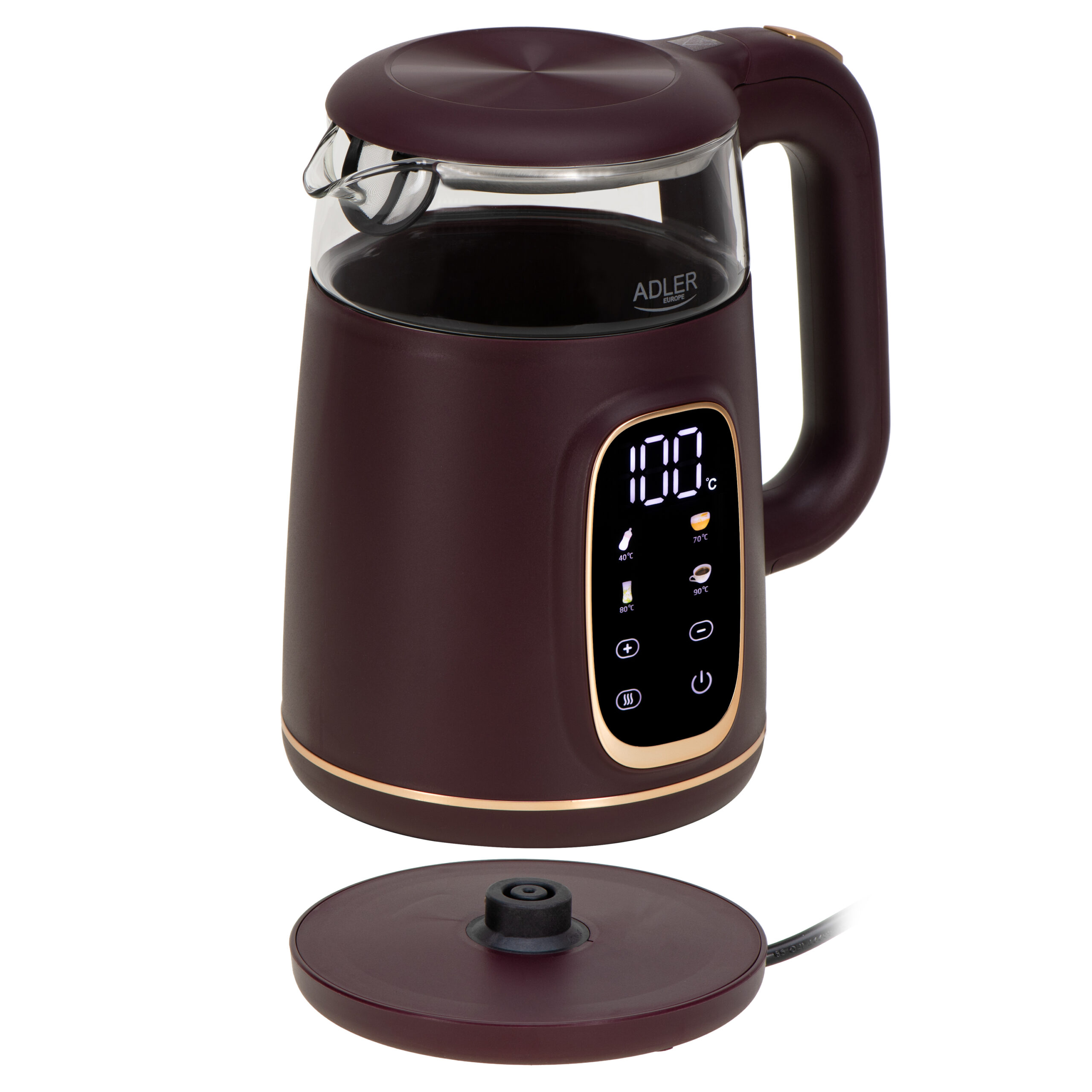 Adler Kettle with LED Display | AD 1305 | Electric | 2200 W | 1.7 L | Plastic | 360° rotational base | Burgundy - Image 6
