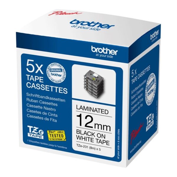 Brother TZE231M5 | Black on white | Laminated tape | 1.2 cm x 8 m