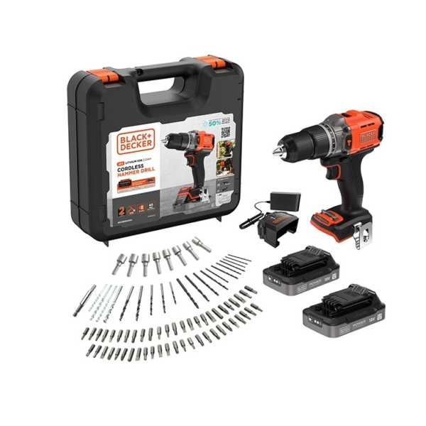 BLACK & DECKER 18V Impact Drill (with 2 x 18V 2.0Ah batteries with charge status indicator, 1A charger and 80 accessories) | BCD383D2XKA-QW | 2.0 Ah
