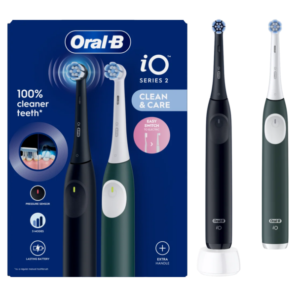 Oral-B Electric Toothbrush, Duo pack | iO2 Series | Rechargeable | For adults | Number of brush heads included 2 | Number of teeth brushing modes 3 | Night Black and Green Forest