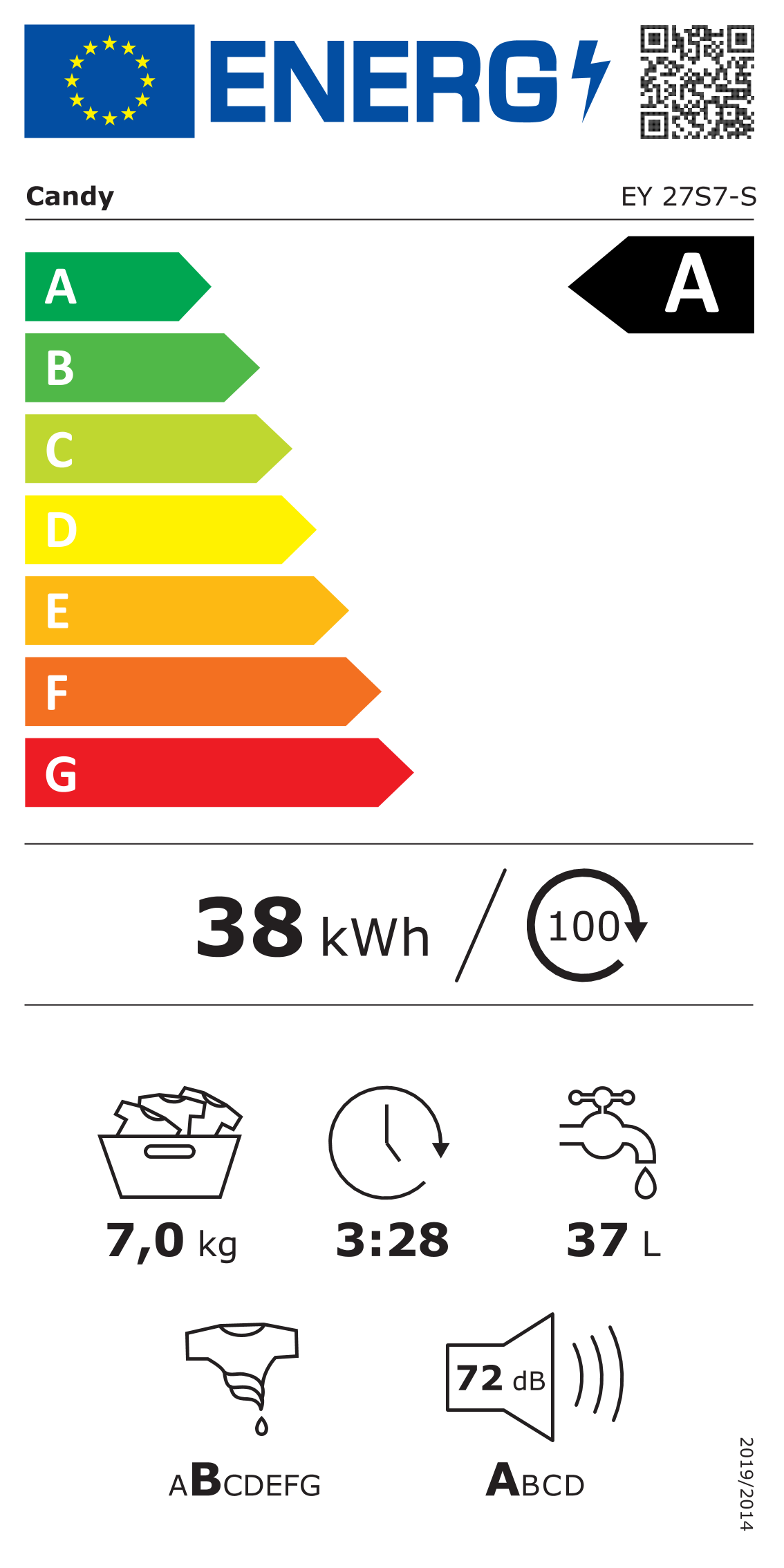 Candy Washing Machine | EY 27S7-S | Energy efficiency class A | Front loading | Washing capacity 7 kg | 1200 RPM | Depth 47 cm | Width 60 cm | Display | LED | White - Image 6