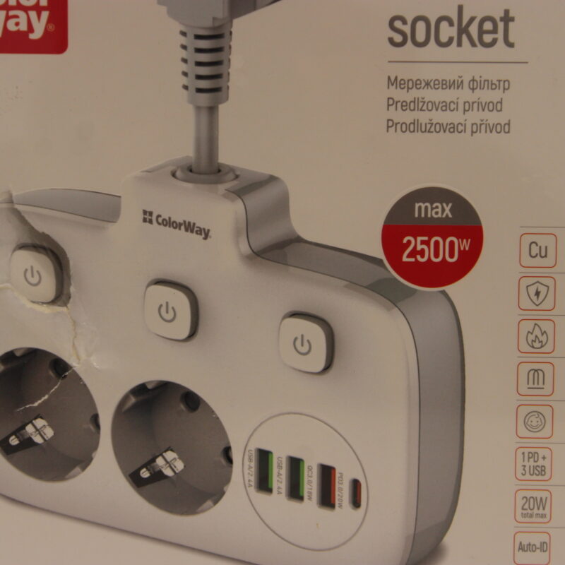 SALE OUT. ColorWay CW-CHE24PDW Power Socket: 2xEU plugs/3xUSB-A/1xUSB-C White 2.5M | ColorWay Power Socket | CW-CHE24PDW | DAMAGED PACKAGING - Image 2