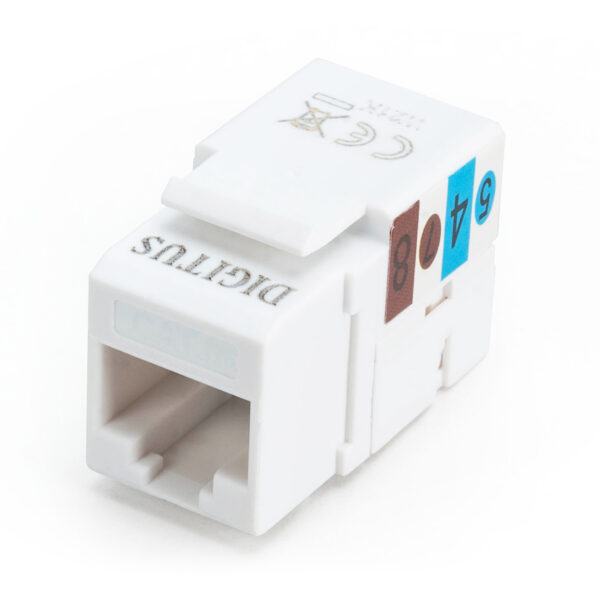 Class E CAT 6 Keystone Jack | DN-93601 | Unshielded RJ45 to LSA | Cable installation via LSA strips, color coded according to EIA/TIA 568 A & B; The Cat 6 keystone module supports transmission speeds of up to 1 GBit/s & 250 MHz in connection with cat 6 or higher network installation cables | White