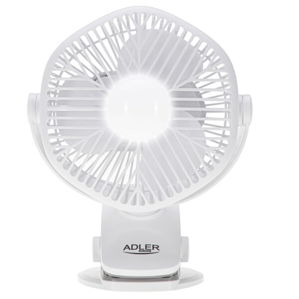 Adler Rechargeable fan with clip | AD 7335 | Table Fan | 6 W | Diameter 12.7 cm | Number of speeds 3 | Oscillation | White
