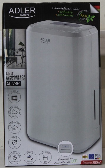 SALE OUT. Adler AD 7861 Compressor air dehumidifier, White | Adler | Compressor Air Dehumidifier | AD 7861 | Power 280 W | Suitable for rooms up to 60 m³ | Water tank capacity 2 L | White | DAMAGED PACKAGING