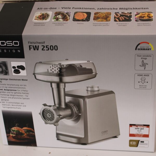 SALE OUT. Caso Meat Mincer | FW 2500 | Stainless Steel | 2500 W | Number of speeds 2 | Throughput (kg/min) 2.5 | 3 stainless steel cutting plates (3 mm, 5 mm and 8 mm), Sausage filler, Cookie attachment with 4 moulds, Stuffer | DEMO