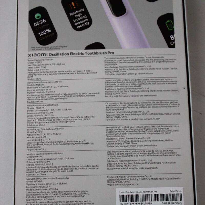 SALE OUT. Xiaomi Oscillation Electric Toothbrush Pro, Purple EU | Xiaomi Oscillation Electric Toothbrush Pro EU | Warranty 24 month(s) | Rechargeable | For adults | Number of brush heads included 2 | Number of teeth brushing modes 4 | Purple | UNPACKED, MISSING 1 UNIT TOOTTHBRUSH HEAD - Image 2