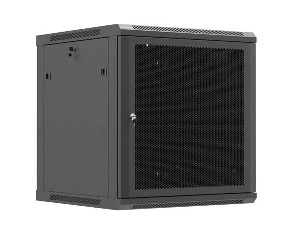 Wall mounted installation cabinet 19"12U, 600 x 600, Black perforated door (Flat pack) | Lanberg WF01-6612-23B | Lockable, vented top panel, perforated front door, single-leafed, 2 slots for fan, 1 mm thickness, 4 vertical mounting rails, grounding front door and bottom panel | Black