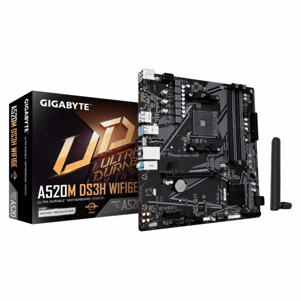 Gigabyte A520M DS3H WIFI6E | Processor family AMD | Processor socket AM4 | DDR4 | Supported hard disk drive interfaces SATA, M.2 | Number of SATA connectors 4