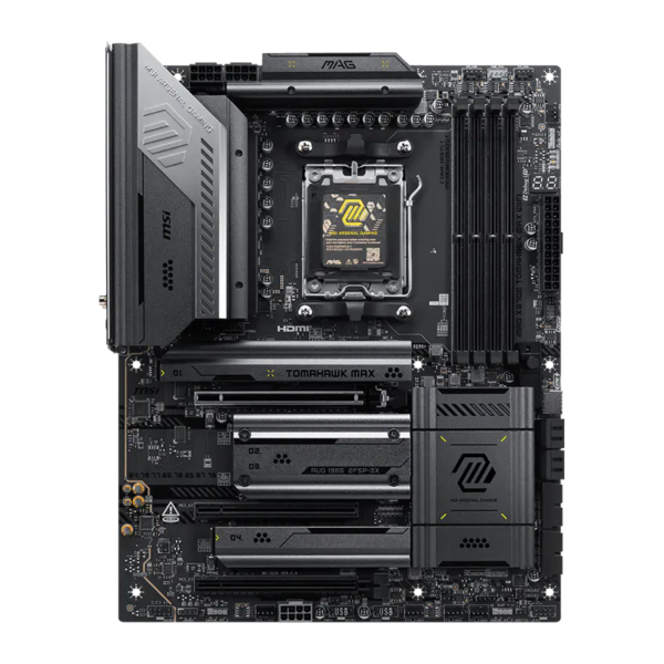 MSI MAG X870E TOMAHAWK MAX WIFI | Processor family AMD | Processor socket AM5 | DDR5 | Supported hard disk drive interfaces SATA, M.2 | Number of SATA connectors 4