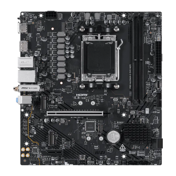 MSI PRO A620AM-G EVO WIFI | Processor family AMD | Processor socket AM5 | DDR5 | Number of SATA connectors 4 | Supported hard disk drive interfaces SATA, M.2