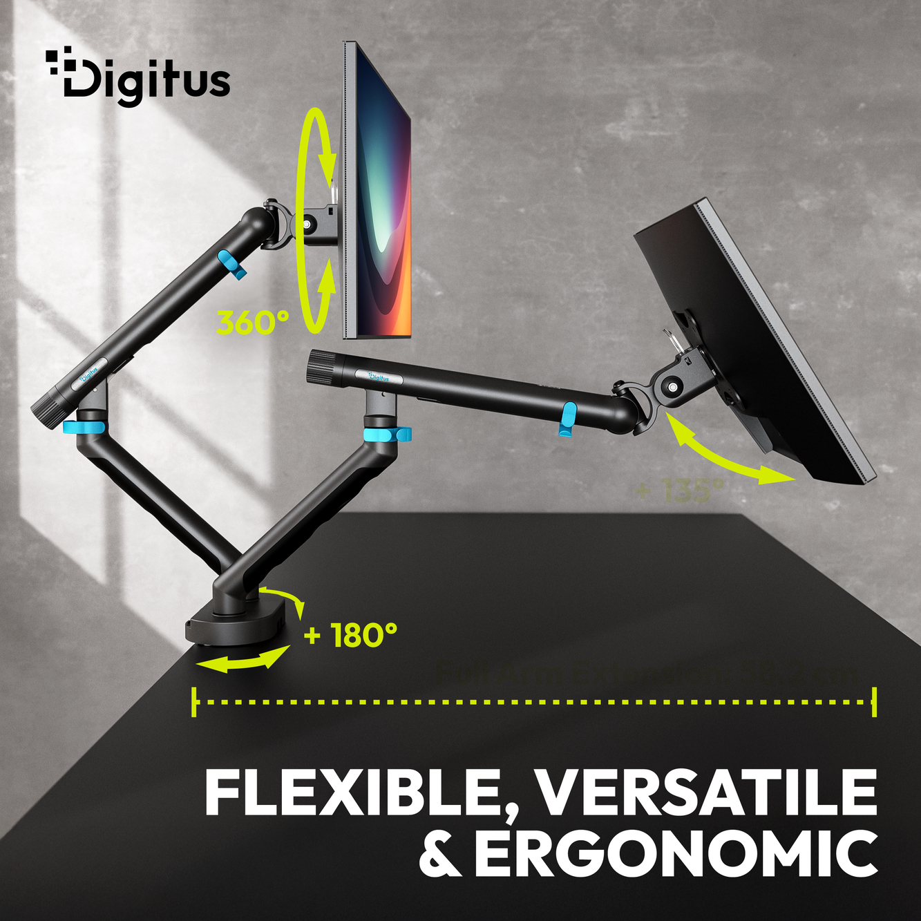 Digitus Desk Mount | Tilt, rotation, pivot | Dual design monitor mount, 2x 35", 2x 10 kg | 35 " | Maximum weight (capacity) 20 kg | Black - Image 7
