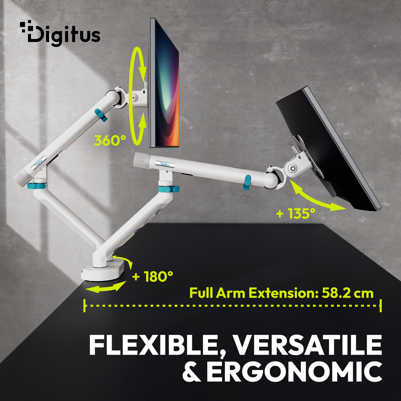 Digitus Desk Mount | Tilt, rotation, pivot | Dual design monitor mount, 2x 35", 2x 10 kg | 35 " | Maximum weight (capacity) 20 kg | White - Image 8