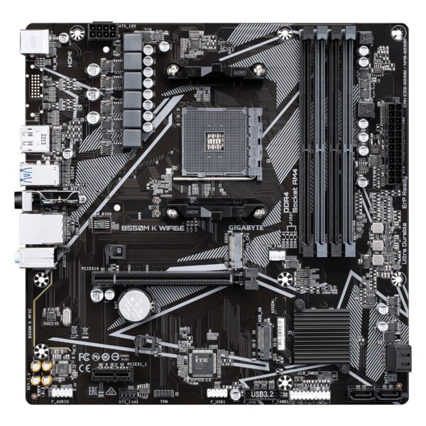 Gigabyte B550M K WIFI6E | Processor family AMD | Processor socket AM4 | DDR4 SDRAM | Supported hard disk drive interfaces SATA, M.2 | Number of SATA connectors 4