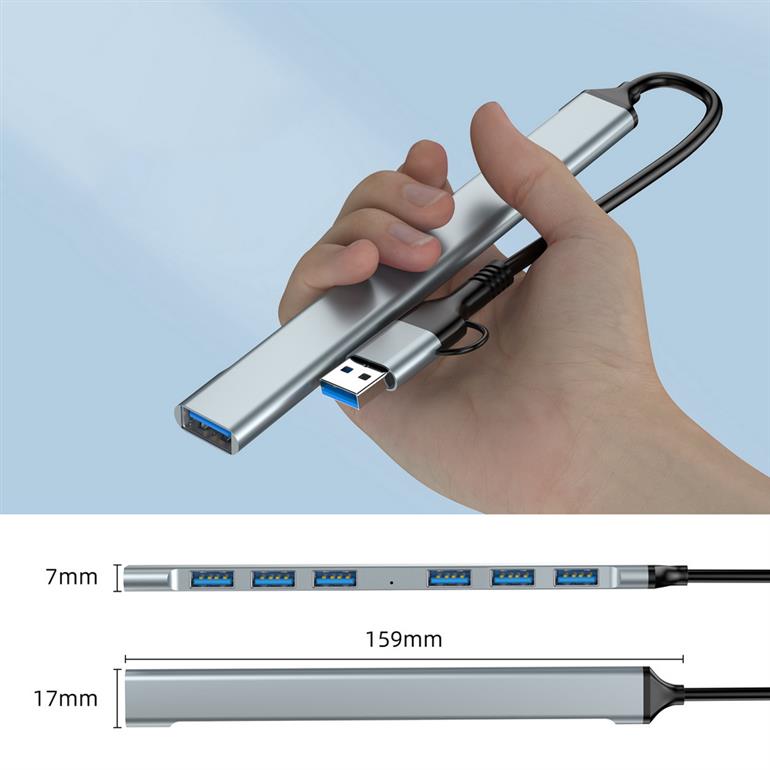 Gembird 7-port USB hub (1x USB 3.2 + 6x USB 2.0), USB-A + USB-C, Silver | UHB-ACM-U3P1U2P6-01 - Image 3