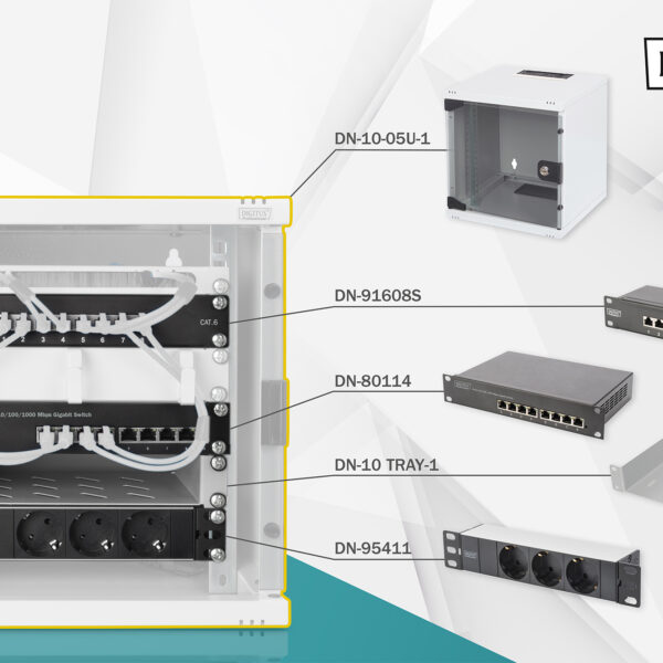 Digitus 10" Network Set, 6U cabinet, shelf, PDU, 8-port switch, CAT 6 patch panel, Grey | Digitus | Network Set | DN-10-SET-1