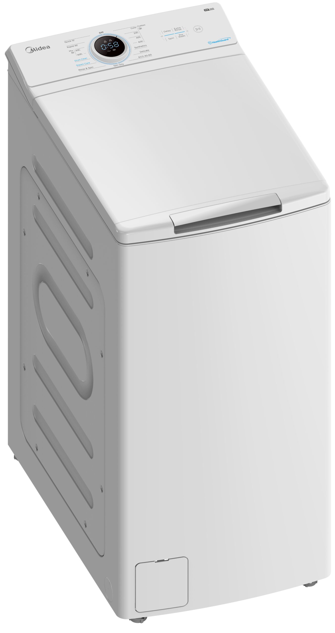 Midea | Washing Machine | MF100T70BA10/W-HR | Energy efficiency class A | Top loading | Washing capacity 7 kg | 1200 RPM | Depth 61 cm | Width 40 cm | Display | LED | Steam function | White