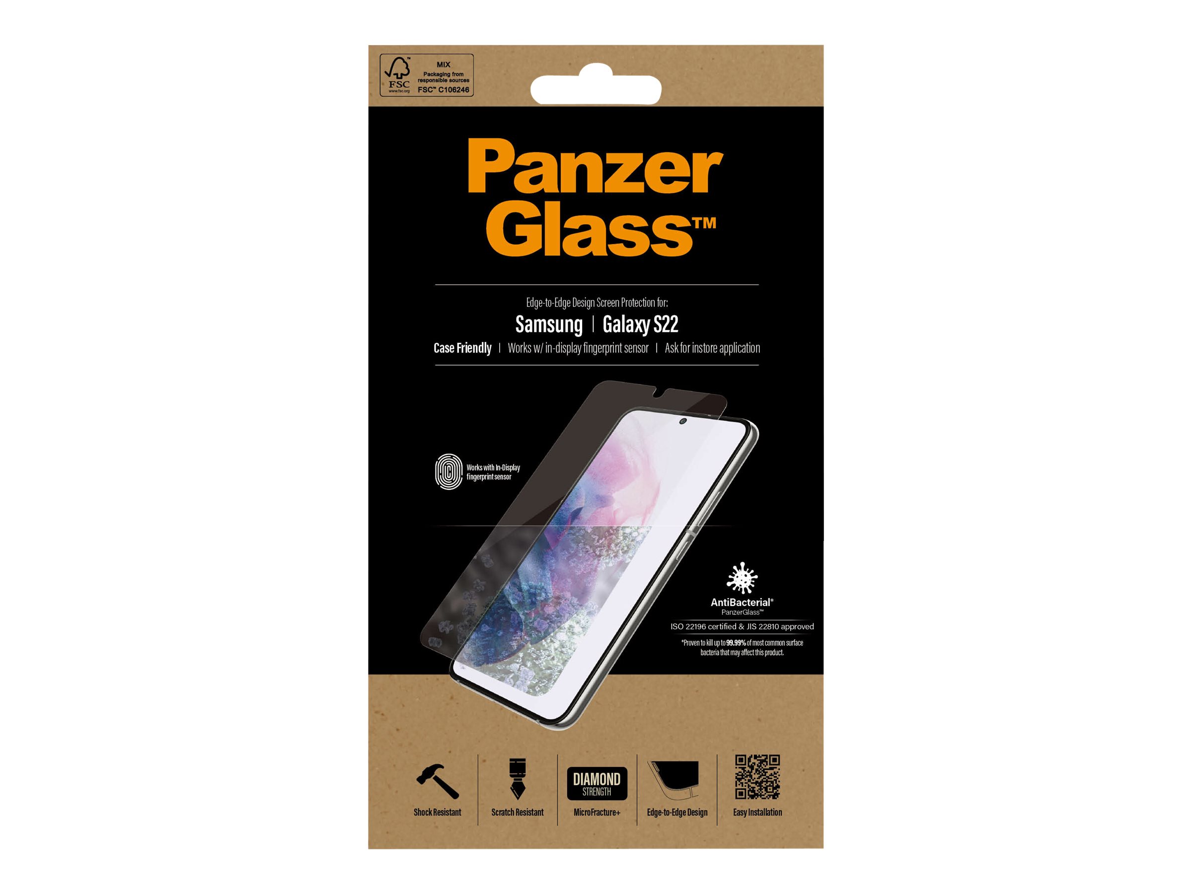 PanzerGlass | Samsung | Galaxy S22 | Tempered glass | Transparent | Case friendly. Compatible with ultrasonic fingerprint sensor. 100 % touch sensitivity. Antibacterial (ISO 22196 certified & JIS 22810 approved) | Screen Protector - Image 19